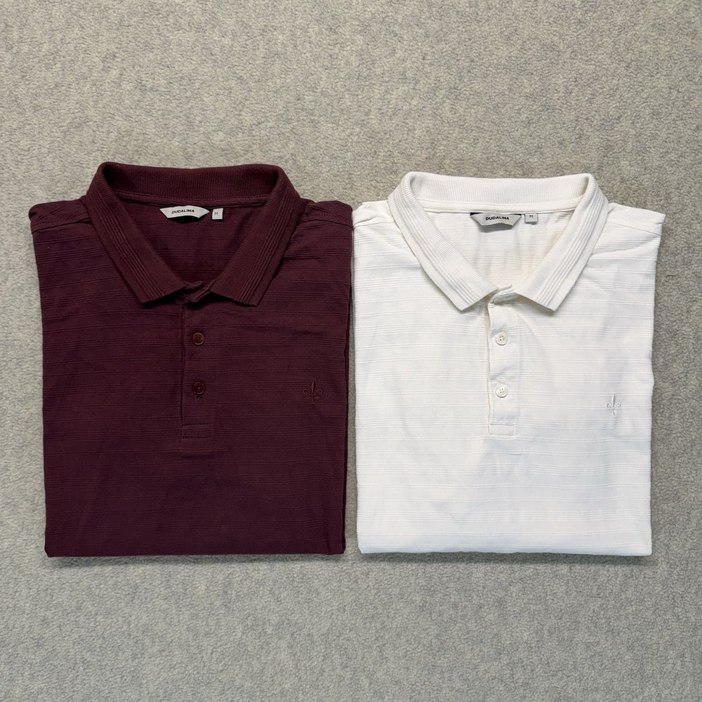 Dudalina Polo Shirt Lot of 2 White Burgundy Textured Cotton‎ Men's Medium